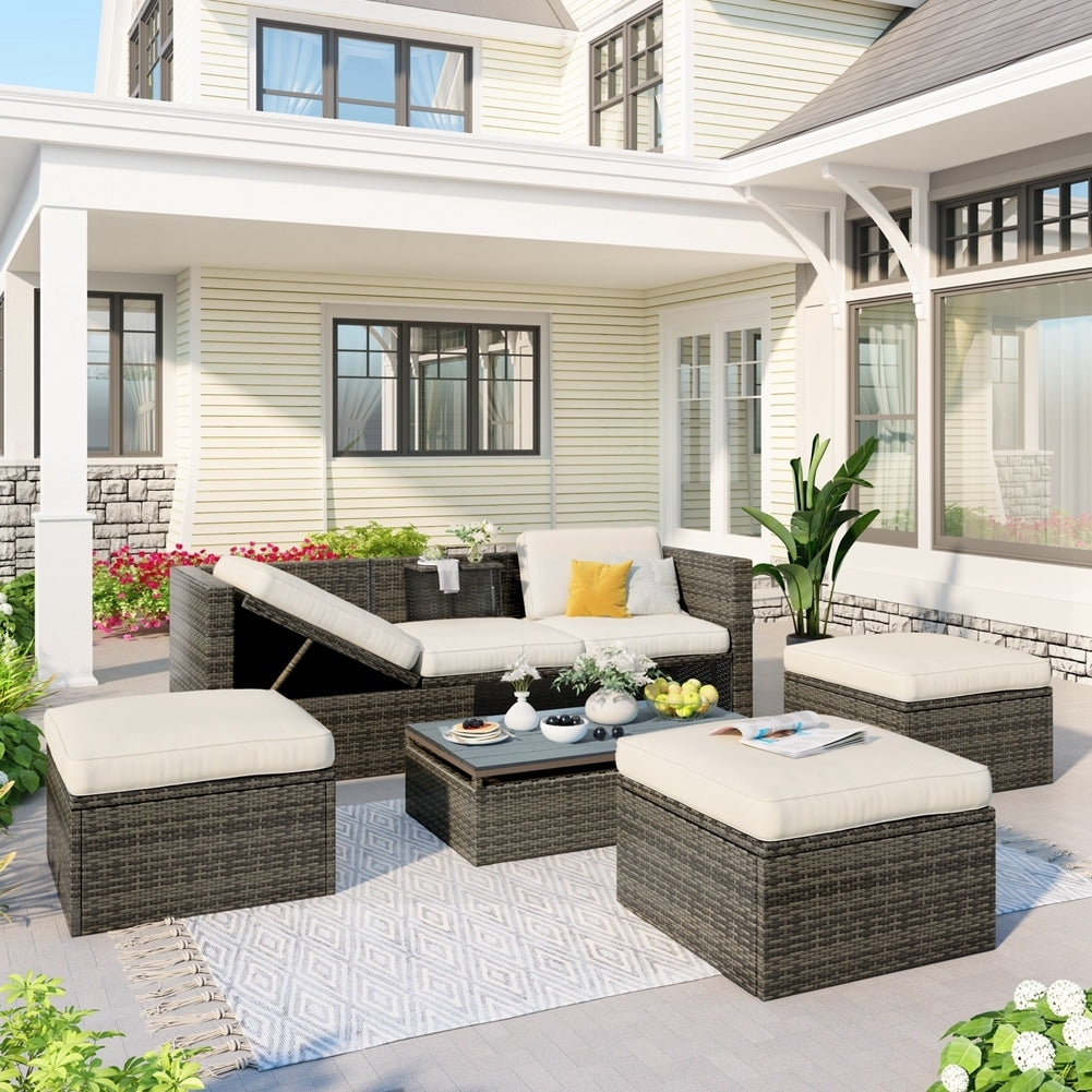 5-Piece Patio Wicker Sofa with Adustable Backrest, Cushions, Ottomans and Lift Top Coffee Table