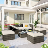 5-Piece Patio Wicker Sofa with Adustable Backrest, Cushions, Ottomans and Lift Top Coffee Table