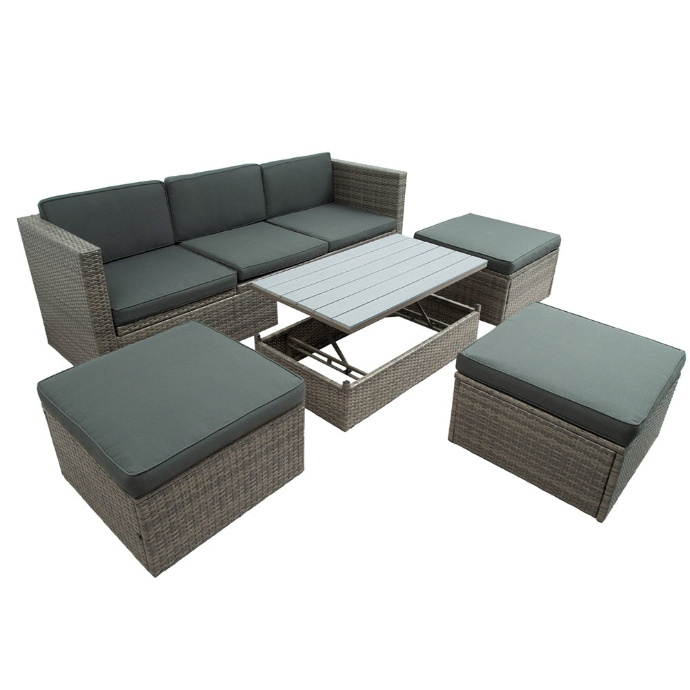 5-Piece Patio Wicker Sofa with Adustable Backrest, Cushions, Ottomans and Lift Top Coffee Table