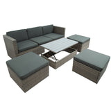 5-Piece Patio Wicker Sofa with Adustable Backrest, Cushions, Ottomans and Lift Top Coffee Table