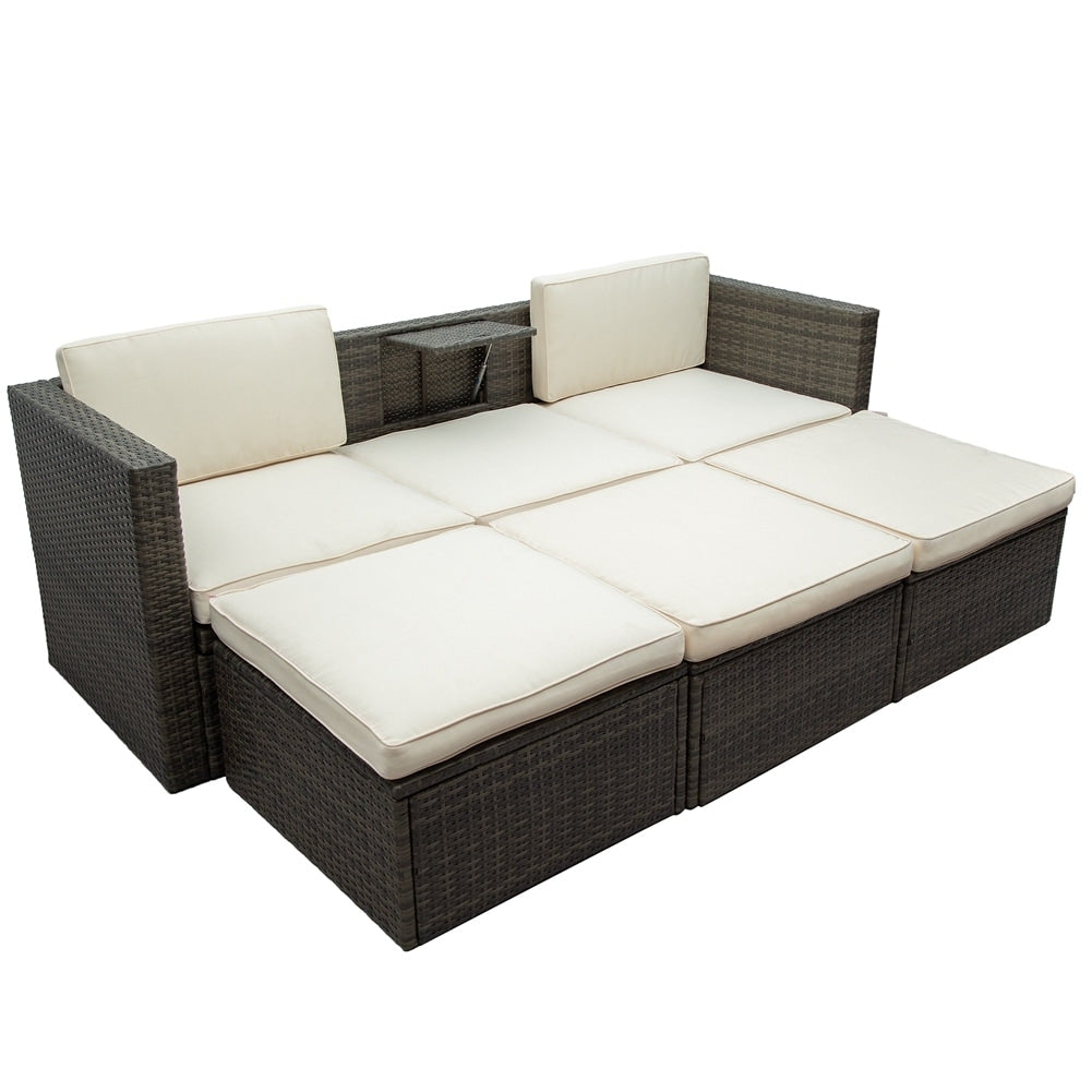 5-Piece Patio Wicker Sofa with Adustable Backrest, Cushions, Ottomans and Lift Top Coffee Table