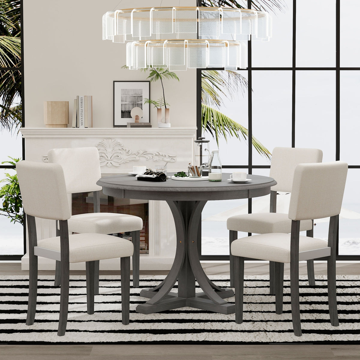 5-Piece Retro Round Dining Table Set with Curved Trestle Style Table L