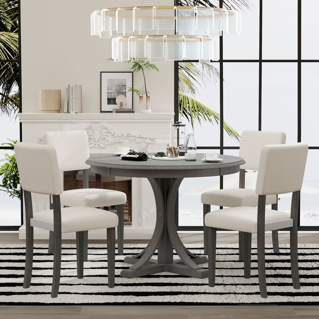 5-Piece Retro Round Dining Table Set with Curved Trestle Style Table Legs and 4 Upholstered Chairs for Dining Room, Small Space