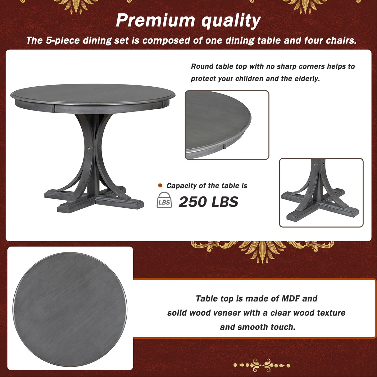 5-Piece Retro Round Dining Table Set with Curved Trestle Style Table Legs and 4 Upholstered Chairs for Dining Room, Small Space