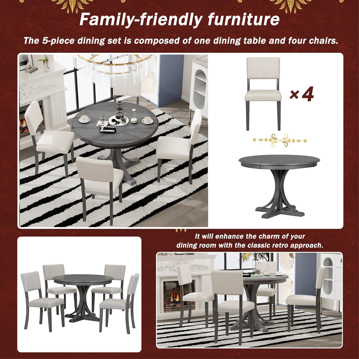 5-Piece Retro Round Dining Table Set with Curved Trestle Style Table Legs and 4 Upholstered Chairs for Dining Room, Small Space