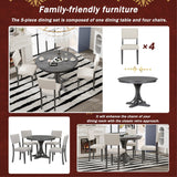5-Piece Retro Round Dining Table Set with Curved Trestle Style Table Legs and 4 Upholstered Chairs for Dining Room, Small Space