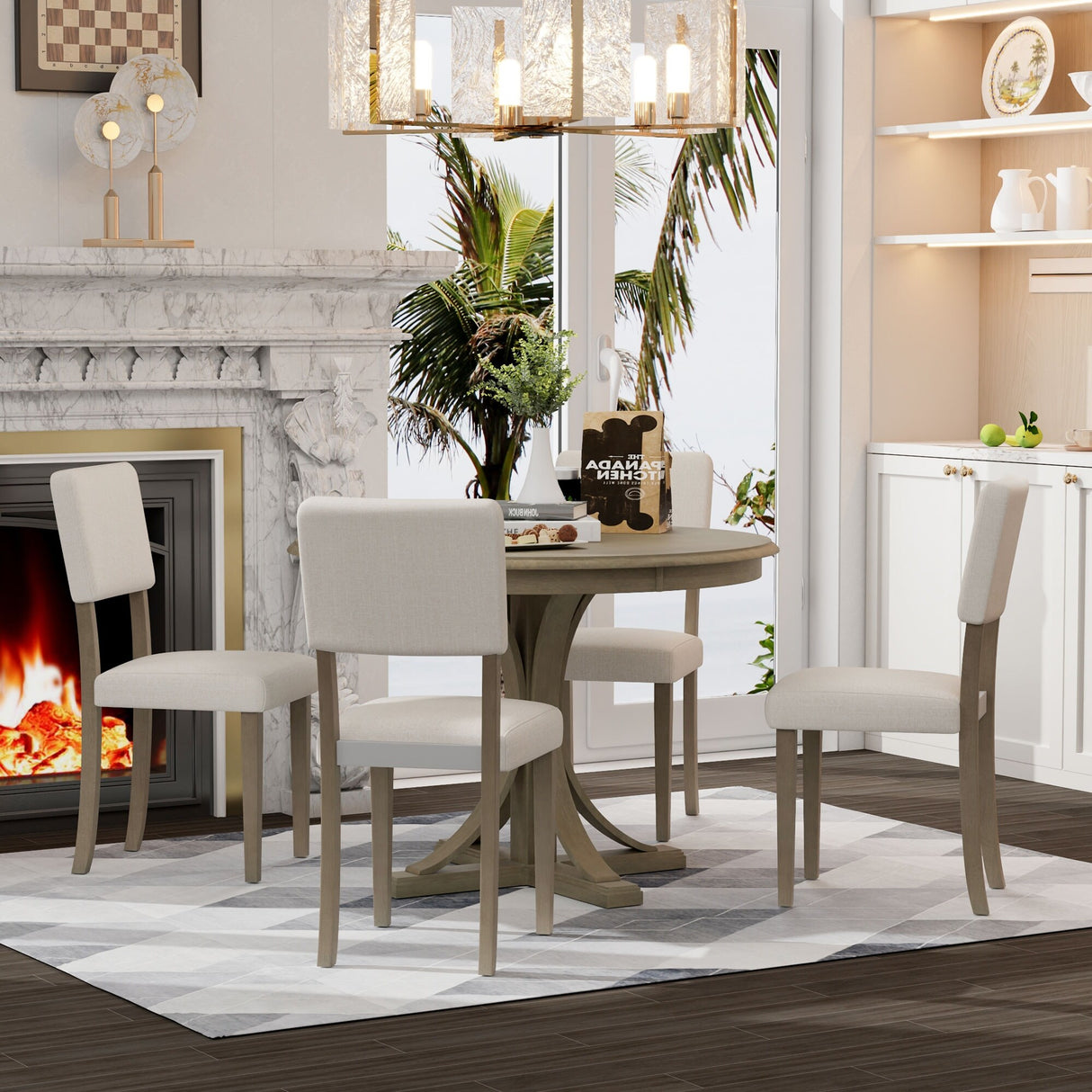 5-Piece Retro Round Dining Table Set with Curved Trestle Style Table Legs and 4 Upholstered Chairs for Dining Room, Small Space