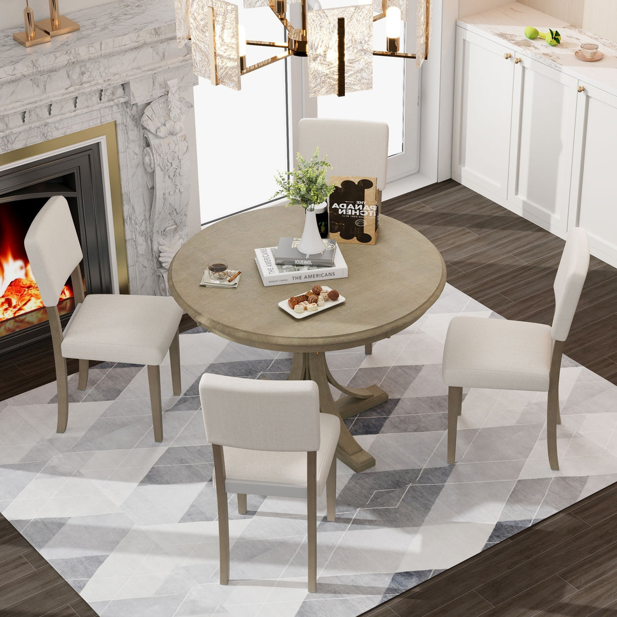 5-Piece Retro Round Dining Table Set with Curved Trestle Style Table Legs and 4 Upholstered Chairs for Dining Room, Small Space