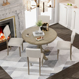5-Piece Retro Round Dining Table Set with Curved Trestle Style Table Legs and 4 Upholstered Chairs for Dining Room, Small Space