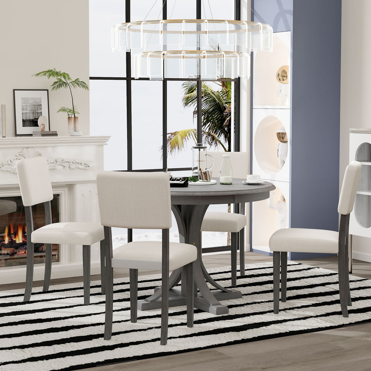 5-Piece Retro Round Dining Table Set with Curved Trestle Style Table Legs and 4 Upholstered Chairs for Dining Room, Small Space