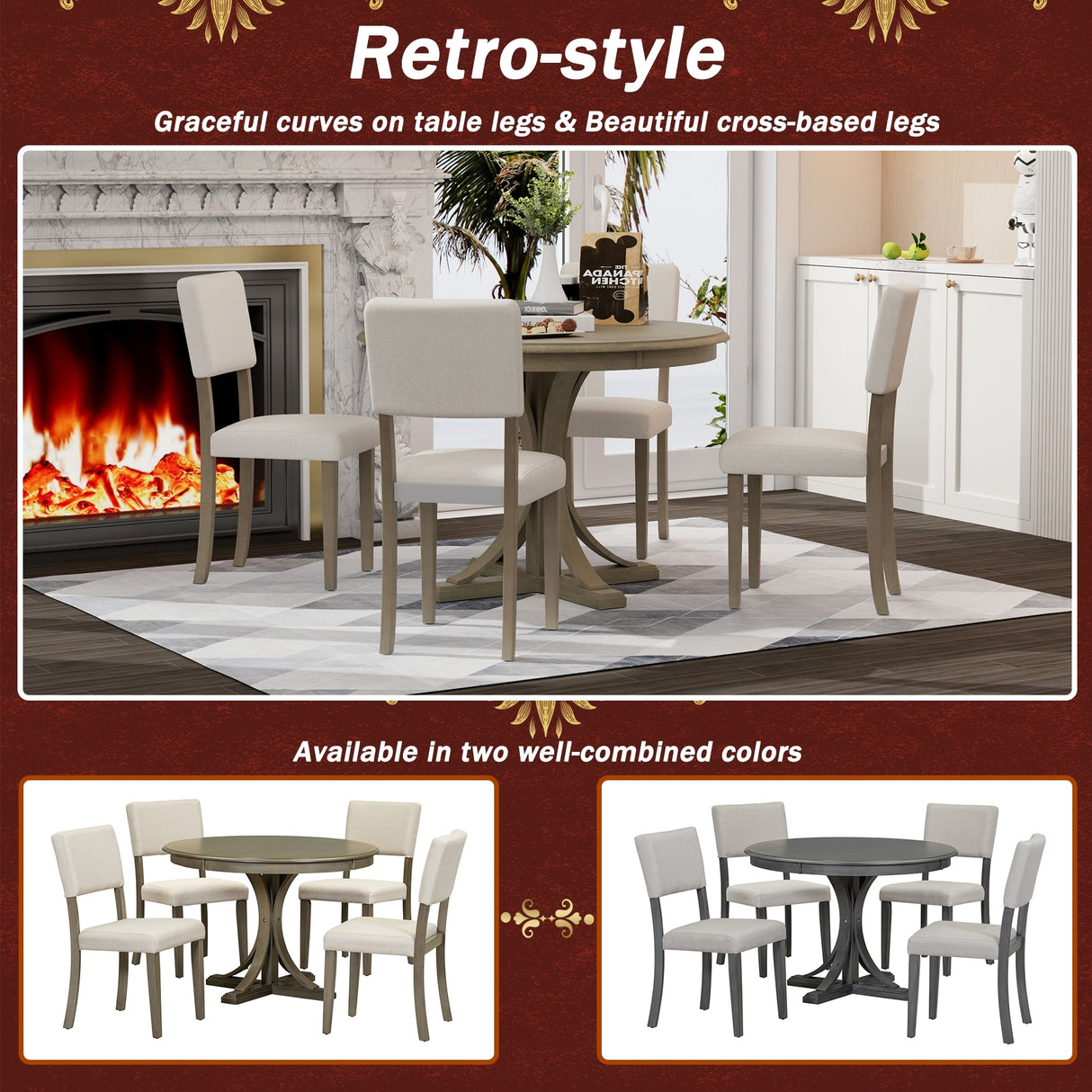 5-Piece Retro Round Dining Table Set with Curved Trestle Style Table Legs and 4 Upholstered Chairs for Dining Room, Small Space