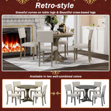 5-Piece Retro Round Dining Table Set with Curved Trestle Style Table Legs and 4 Upholstered Chairs for Dining Room, Small Space
