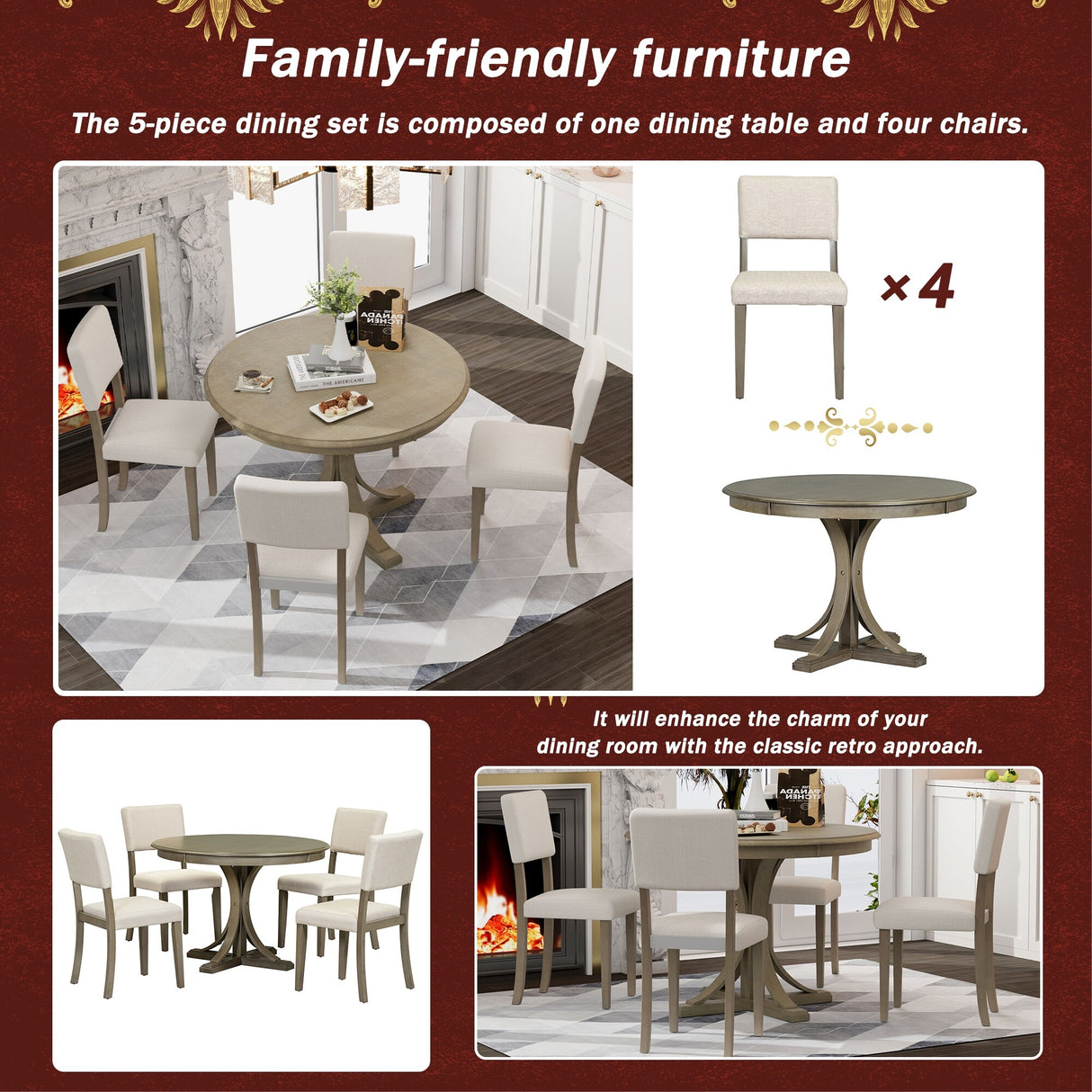 5-Piece Retro Round Dining Table Set with Curved Trestle Style Table Legs and 4 Upholstered Chairs for Dining Room, Small Space