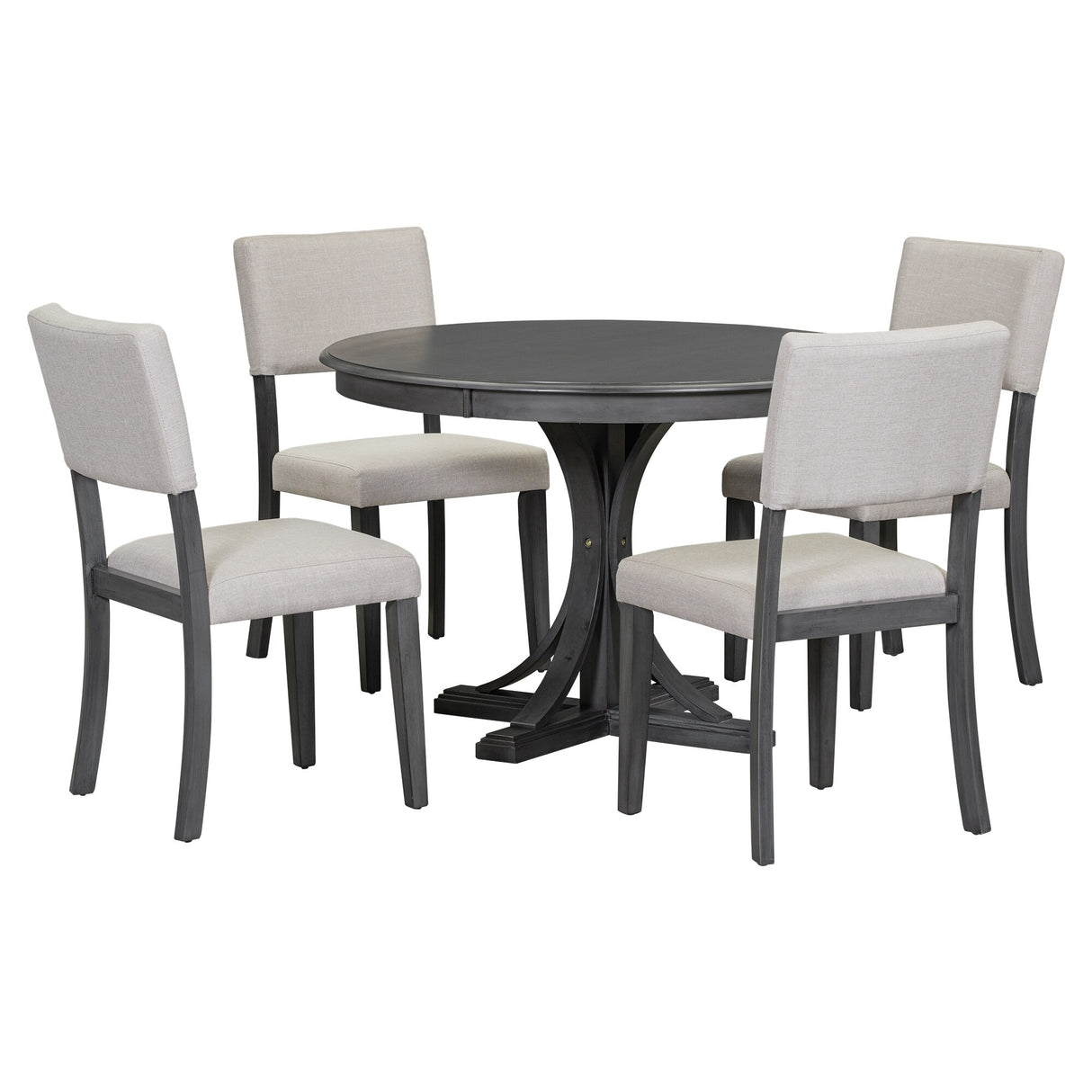 5-Piece Retro Round Dining Table Set with Curved Trestle Style Table Legs and 4 Upholstered Chairs for Dining Room, Small Space