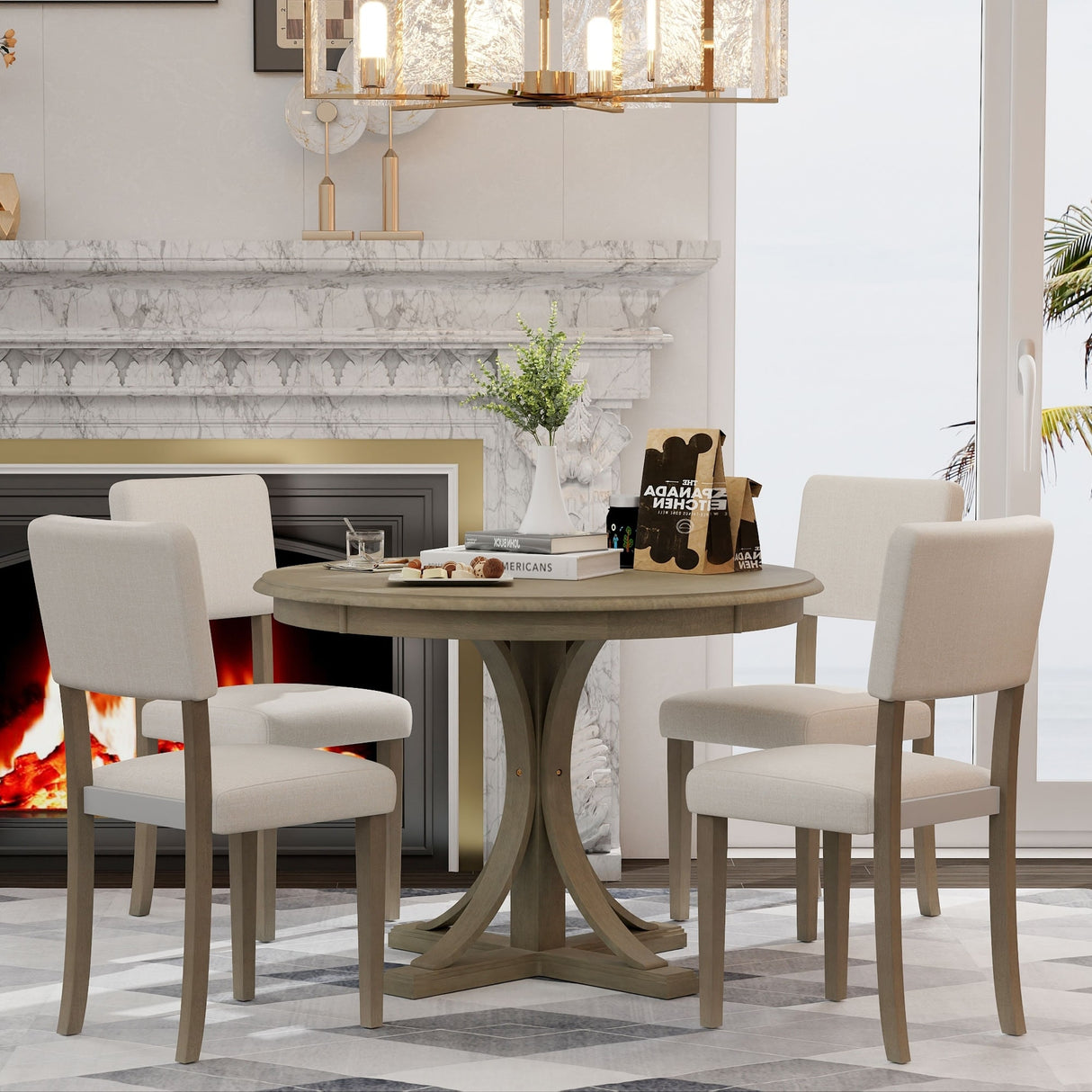 5-Piece Retro Round Dining Table Set with Curved Trestle Style Table Legs and 4 Upholstered Chairs for Dining Room, Small Space