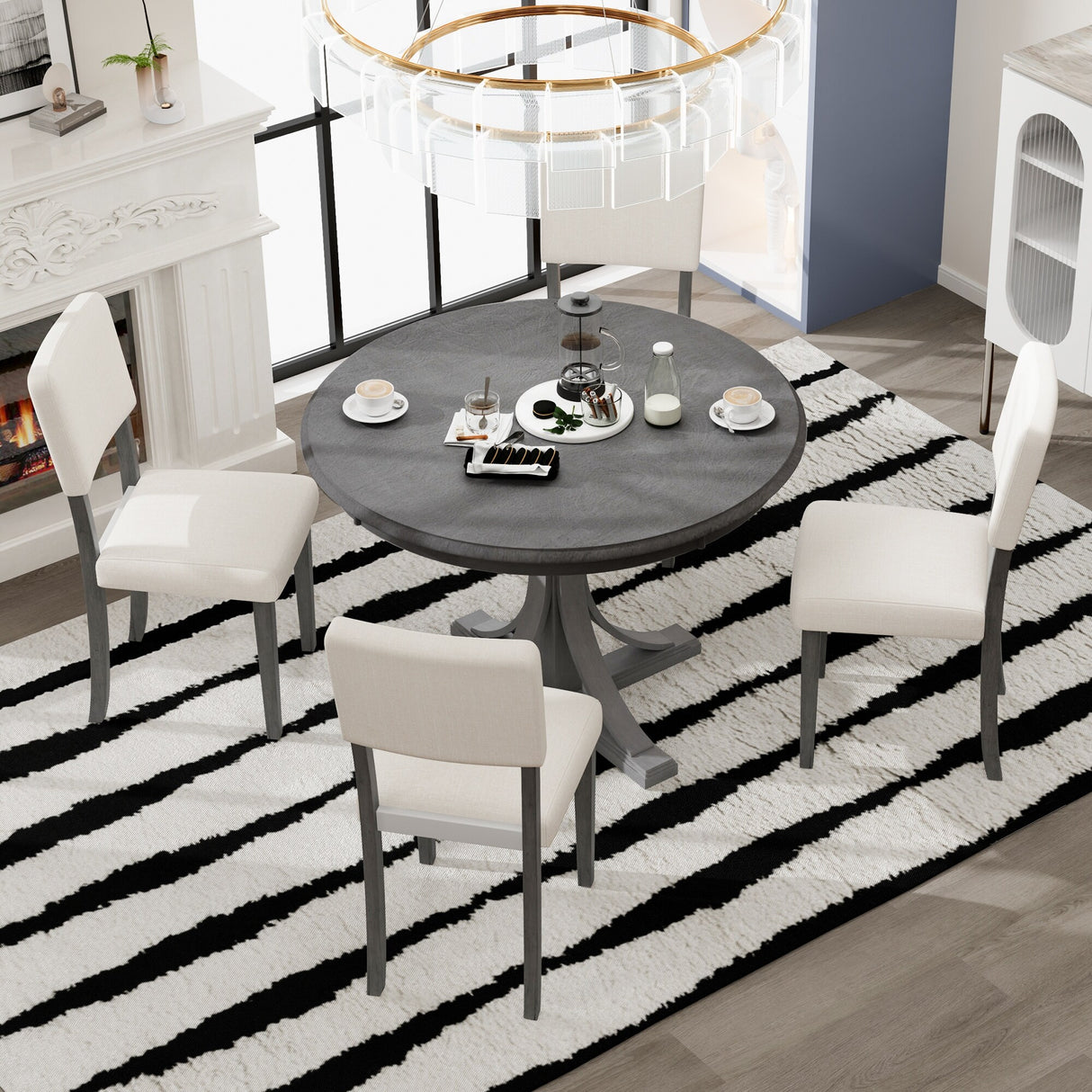 5-Piece Retro Round Dining Table Set with Curved Trestle Style Table Legs and 4 Upholstered Chairs for Dining Room, Small Space