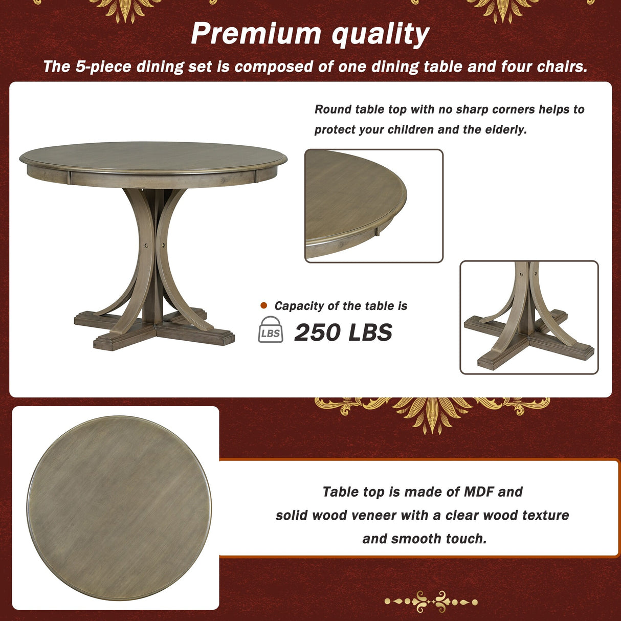 5-Piece Retro Round Dining Table Set with Curved Trestle Style Table Legs and 4 Upholstered Chairs for Dining Room, Small Space
