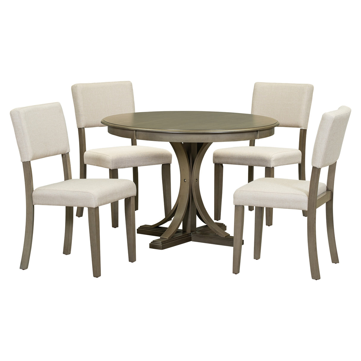 5-Piece Retro Round Dining Table Set with Curved Trestle Style Table Legs and 4 Upholstered Chairs for Dining Room, Small Space
