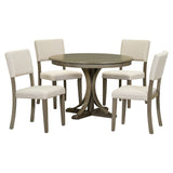 5-Piece Retro Round Dining Table Set with Curved Trestle Style Table Legs and 4 Upholstered Chairs for Dining Room, Small Space