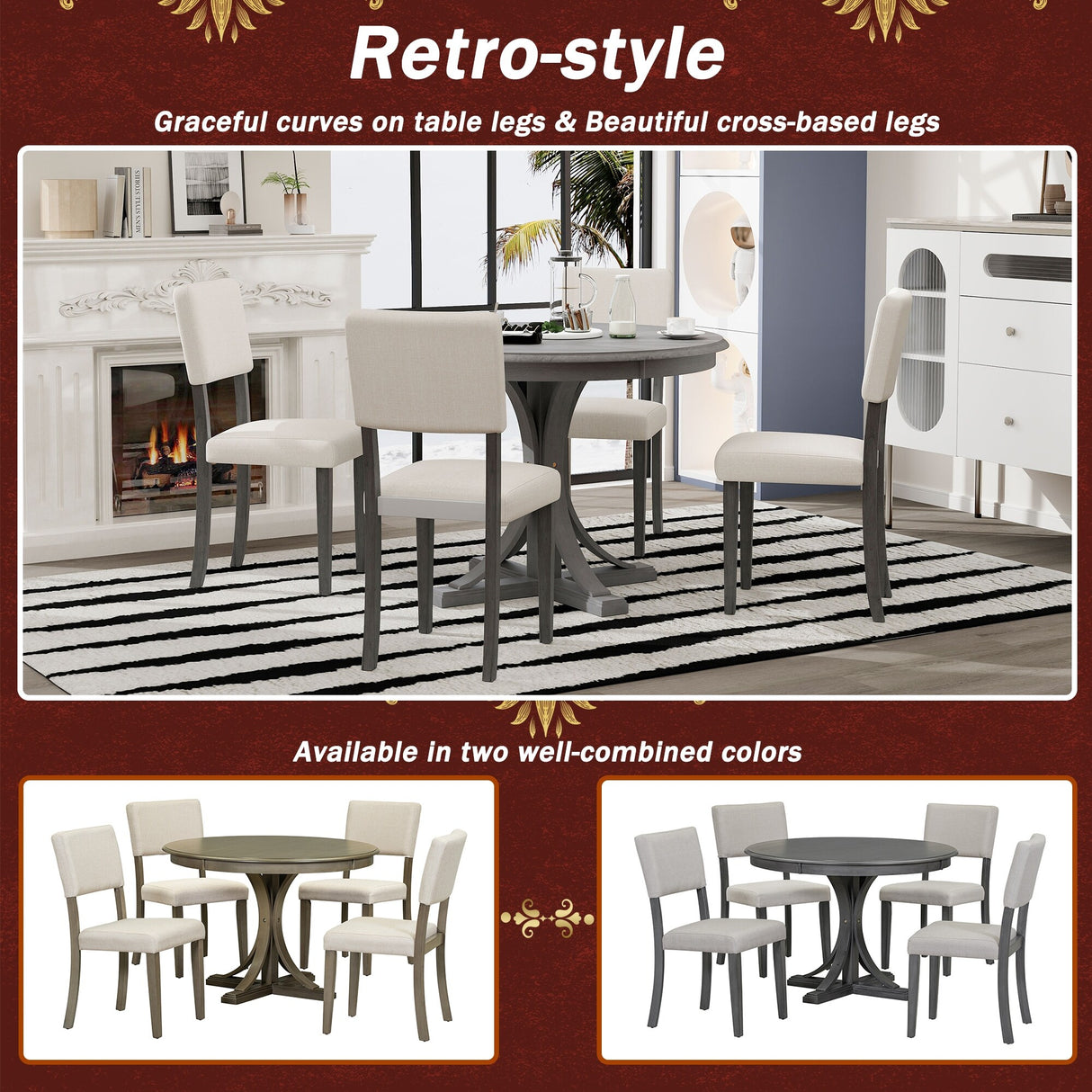 5-Piece Retro Round Dining Table Set with Curved Trestle Style Table Legs and 4 Upholstered Chairs for Dining Room, Small Space