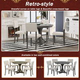 5-Piece Retro Round Dining Table Set with Curved Trestle Style Table Legs and 4 Upholstered Chairs for Dining Room, Small Space