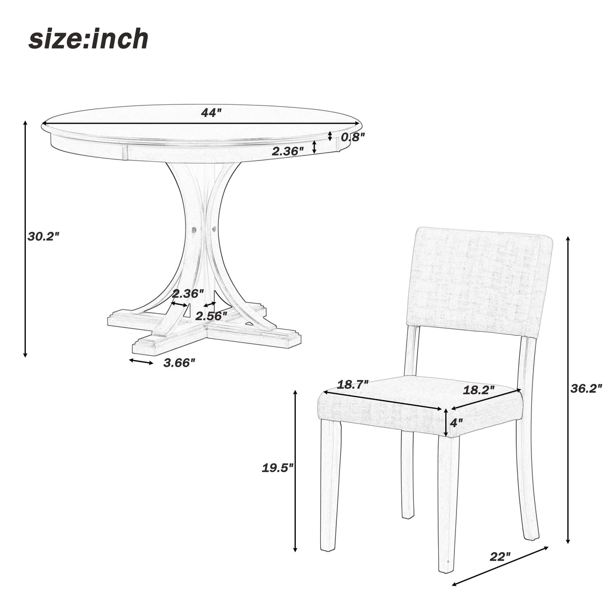 5-Piece Retro Round Dining Table Set with Curved Trestle Style Table Legs and 4 Upholstered Chairs for Dining Room, Small Space