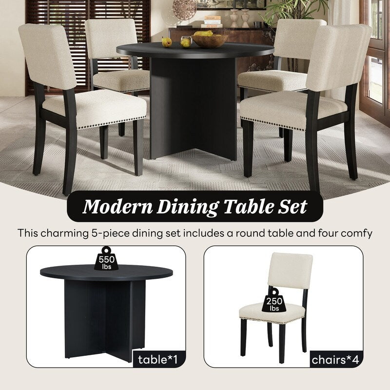 5-Piece Round Dining Table Set Pedestal Kitchen Table Set with 4 Upholstered Dining Chairs for Studio, Apartment, Small Places