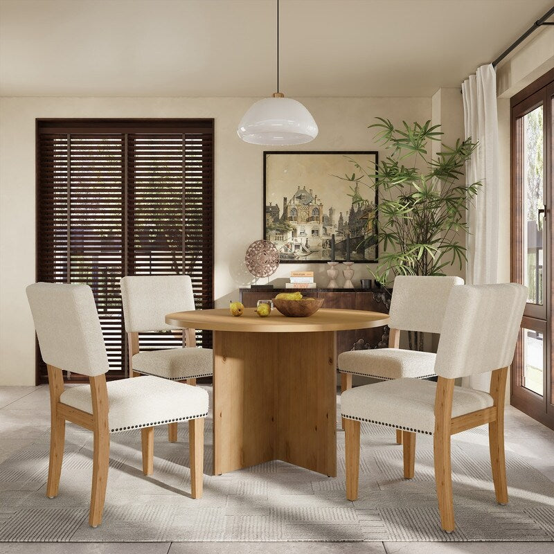 5-Piece Round Dining Table Set Pedestal Kitchen Table Set with 4 Upholstered Dining Chairs for Studio, Apartment, Small Places