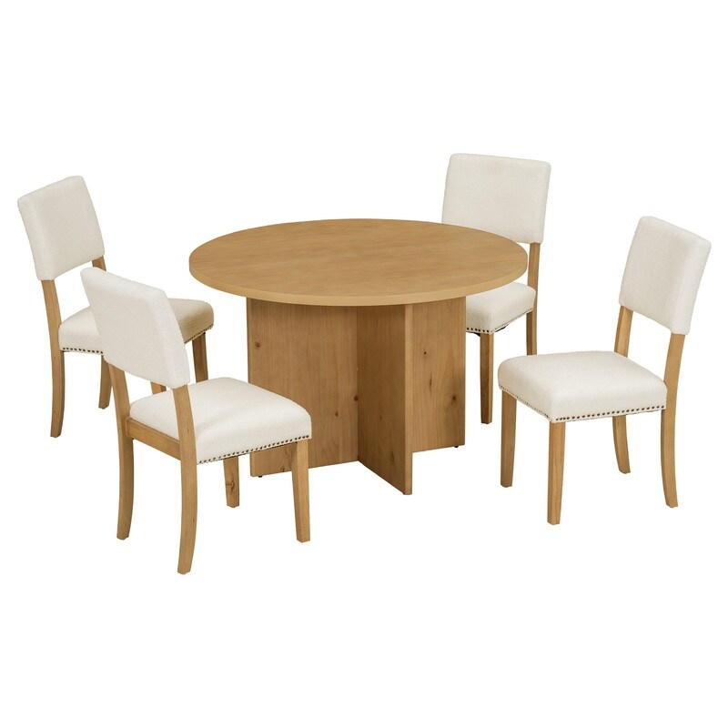 5-Piece Round Dining Table Set Pedestal Kitchen Table Set with 4 Upholstered Dining Chairs for Studio, Apartment, Small Places