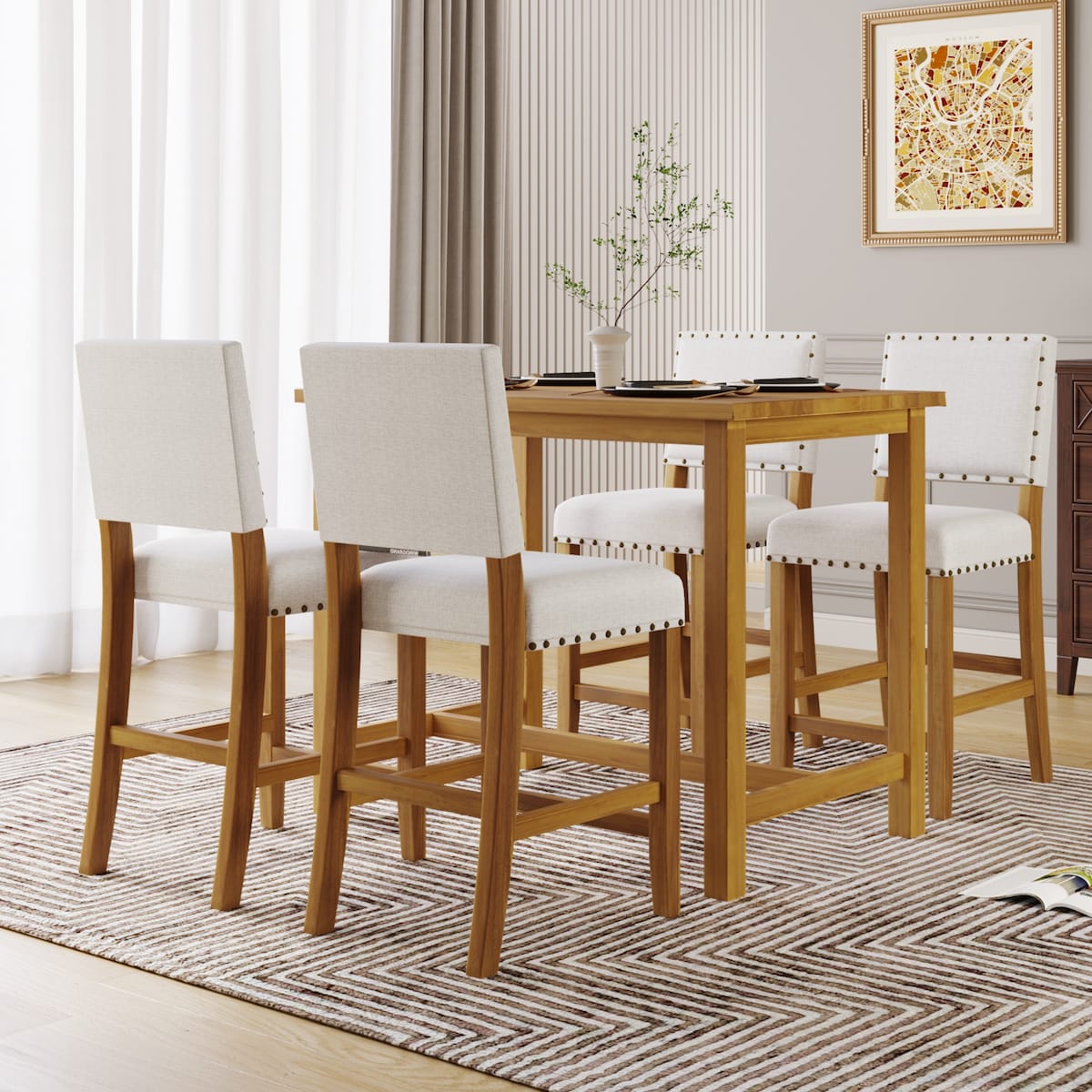 5 Piece Rustic Wooden Counter Height Dining Table Set