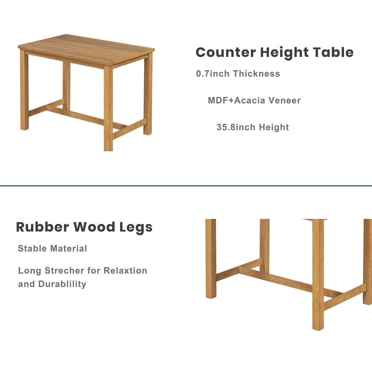 5 Piece Rustic Wooden Counter Height Dining Table Set