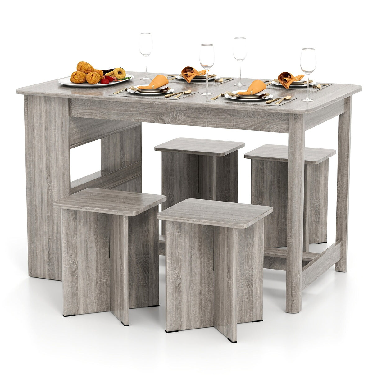5-Piece Space-Saving Dining Set with 4 Stools and Storage Shelves Ideal for Apartments or Breakfast Nooks