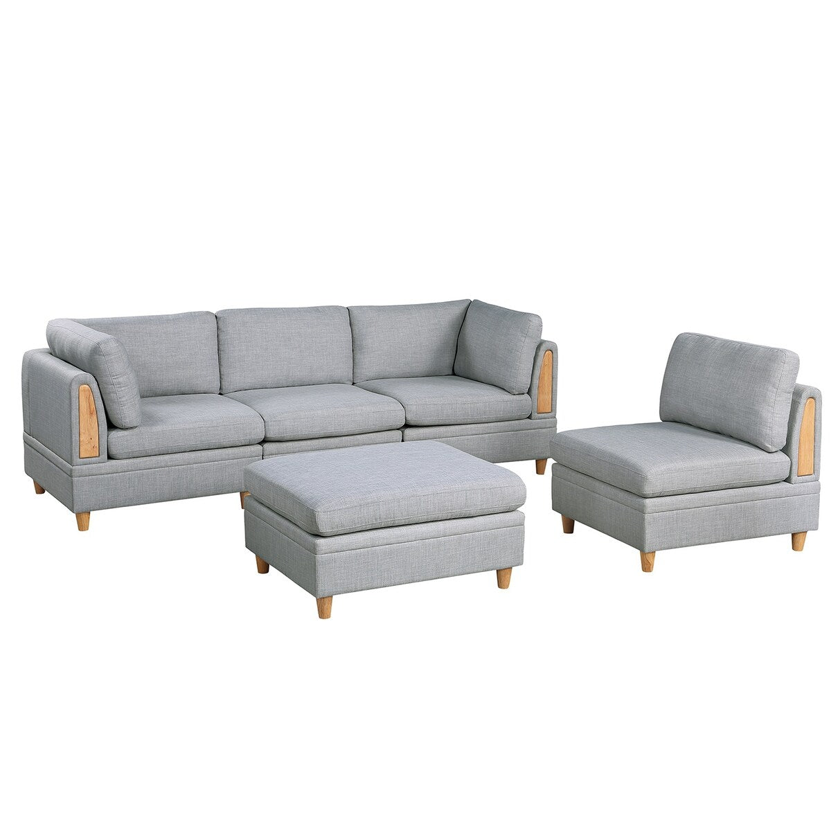 5 Piece Upholstered Modular Sofa Set with 1 Ottoman in Light Grey
