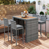 5-Piece Wicker Bar Height Patio Set Outdoor Rattan Patio Furniture Sectional Set with Acacia Wood Table and Chairs, for Garden