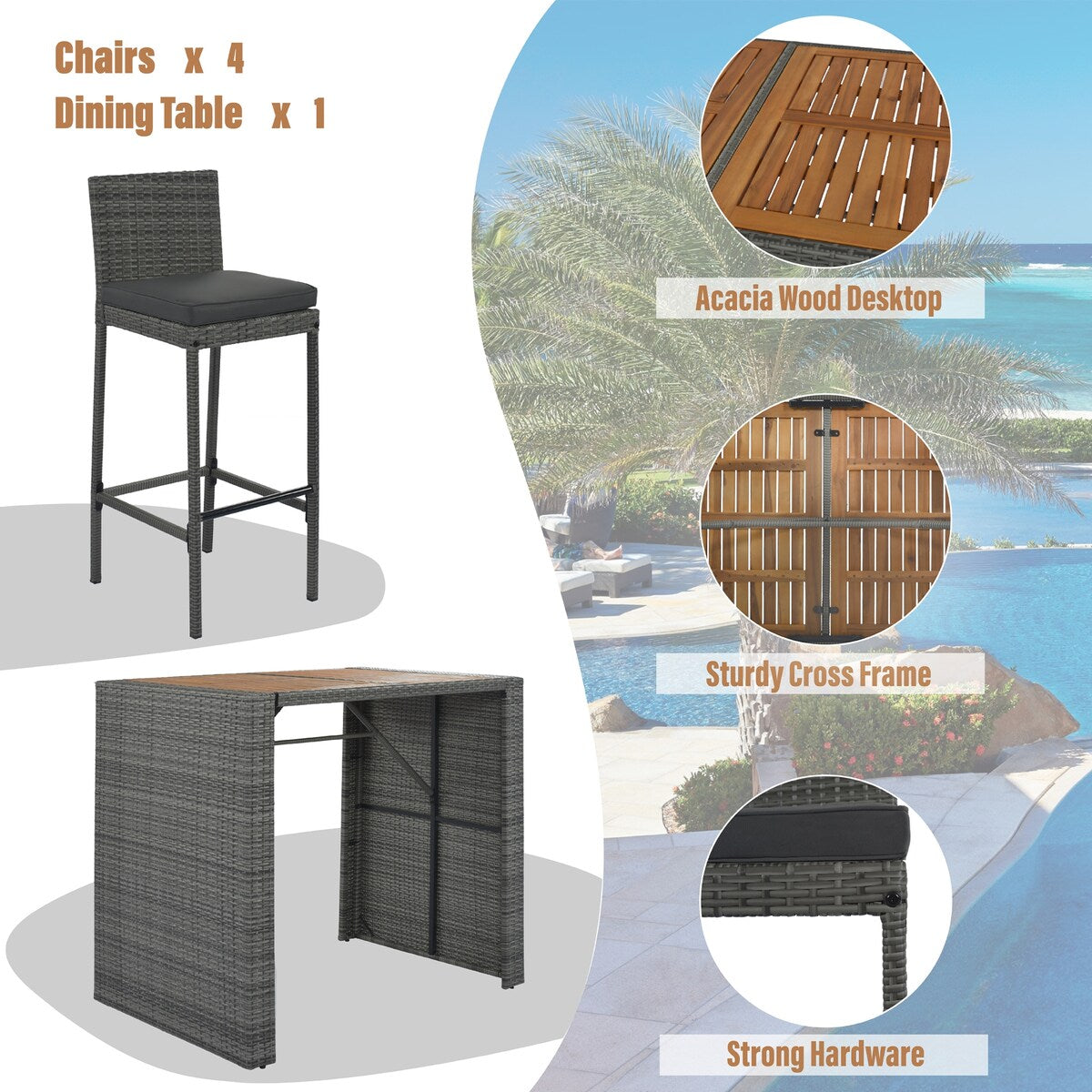 5-Piece Wicker Bar Height Patio Set Outdoor Rattan Patio Furniture Sectional Set with Acacia Wood Table and Chairs, for Garden