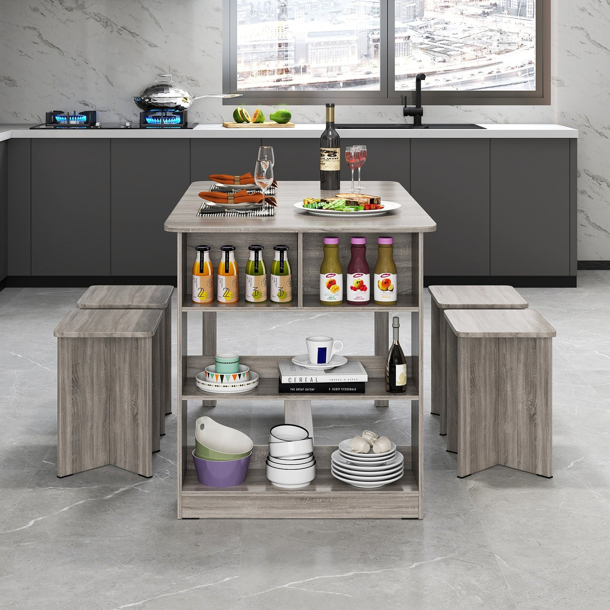 5-Piece Space-Saving Dining Set with 4 Stools and Storage Shelves Ideal for Apartments or Breakfast Nooks