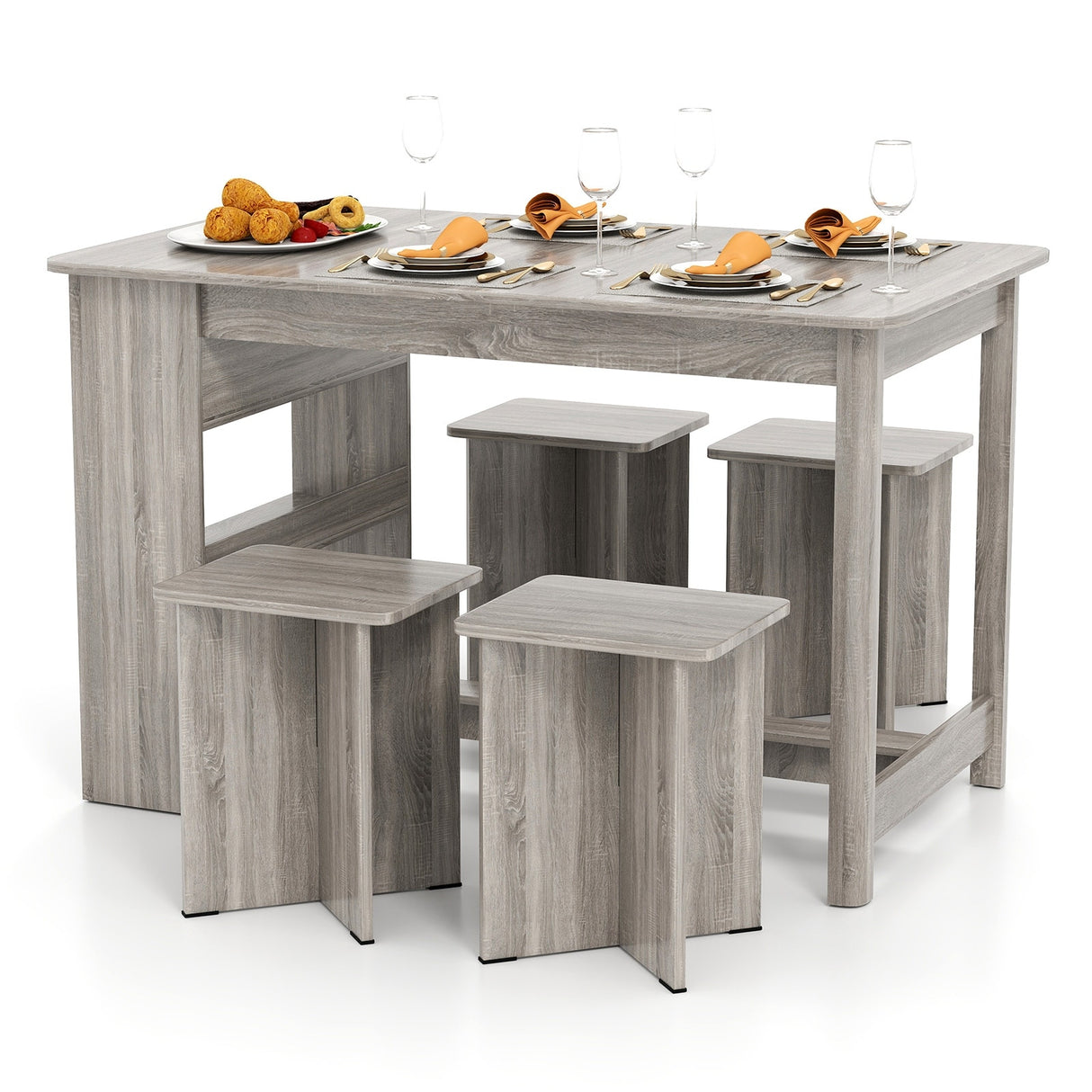 5-Piece Space-Saving Dining Set with 4 Stools and Storage Shelves Ideal for Apartments or Breakfast Nooks