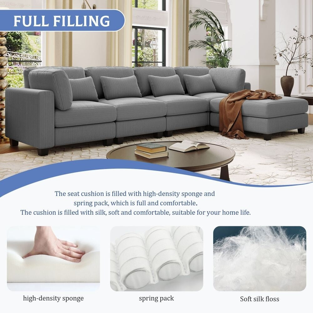 5 Pieces L Shaped Sofa with Removable Ottomans and Comfortable Waist Pillows