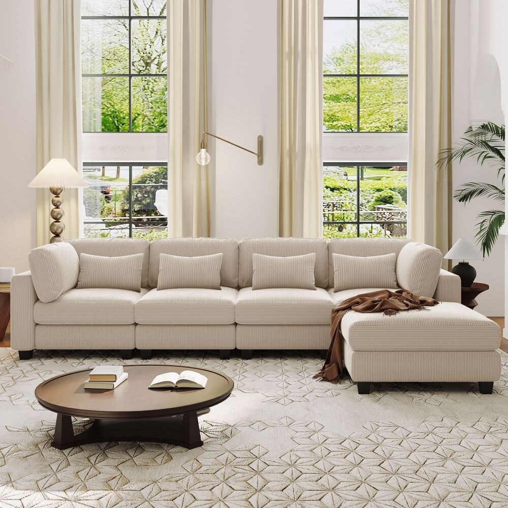 5 Pieces L Shaped Sofa with Removable Ottomans and Comfortable Waist Pillows