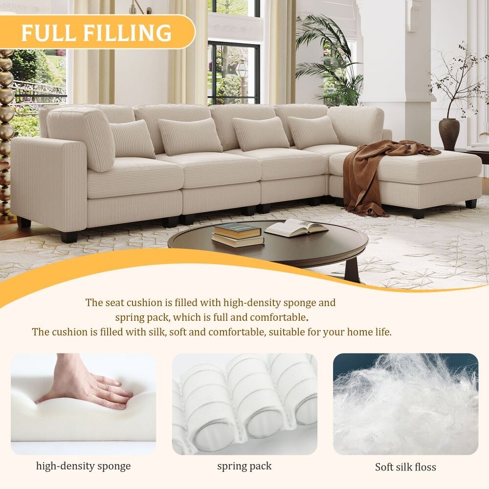 5 Pieces L Shaped Sofa with Removable Ottomans and Comfortable Waist Pillows