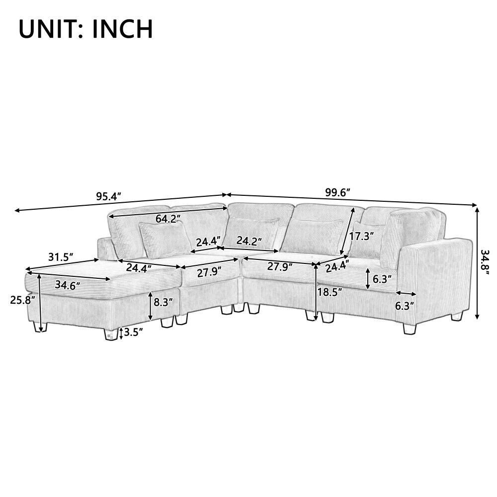 5 Pieces L Shaped Sofa with Removable Ottomans and Comfortable Waist Pillows