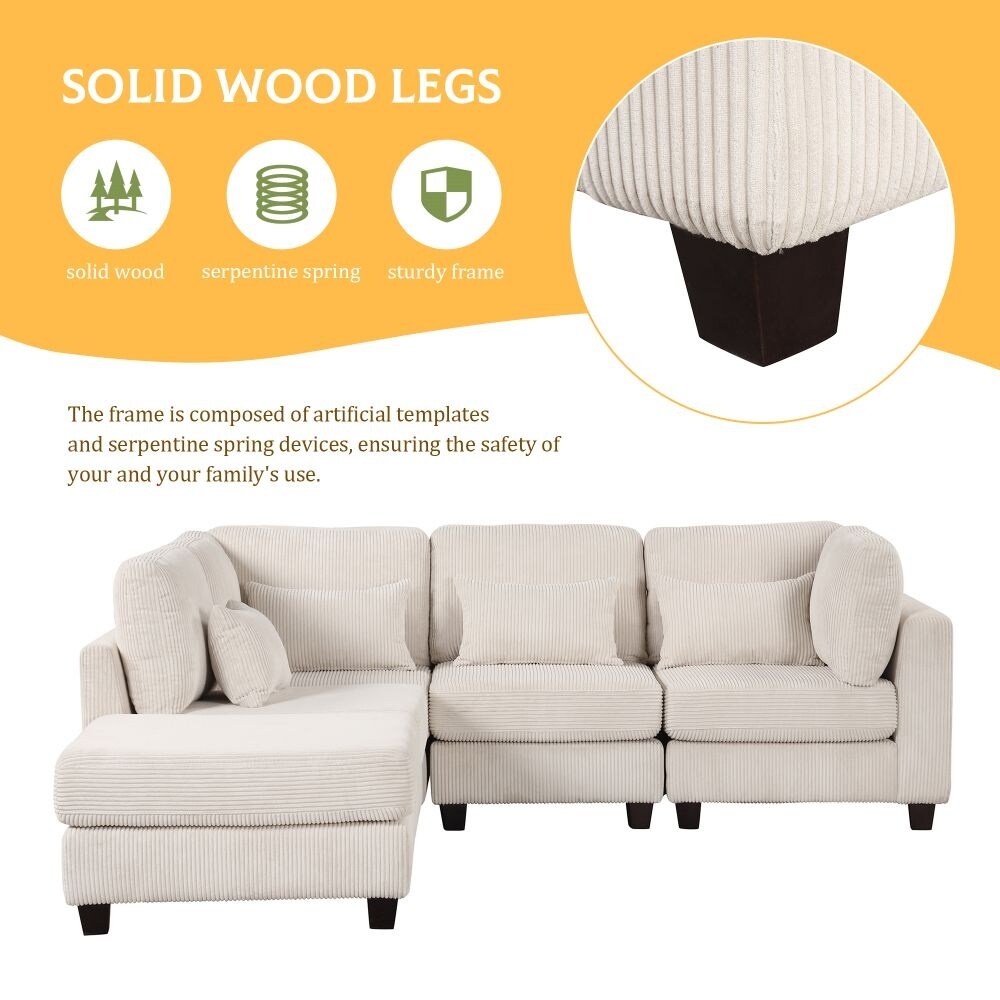 5 Pieces L Shaped Sofa with Removable Ottomans and Comfortable Waist Pillows