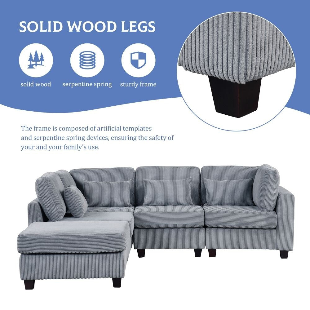 5 Pieces L Shaped Sofa with Removable Ottomans and Comfortable Waist Pillows