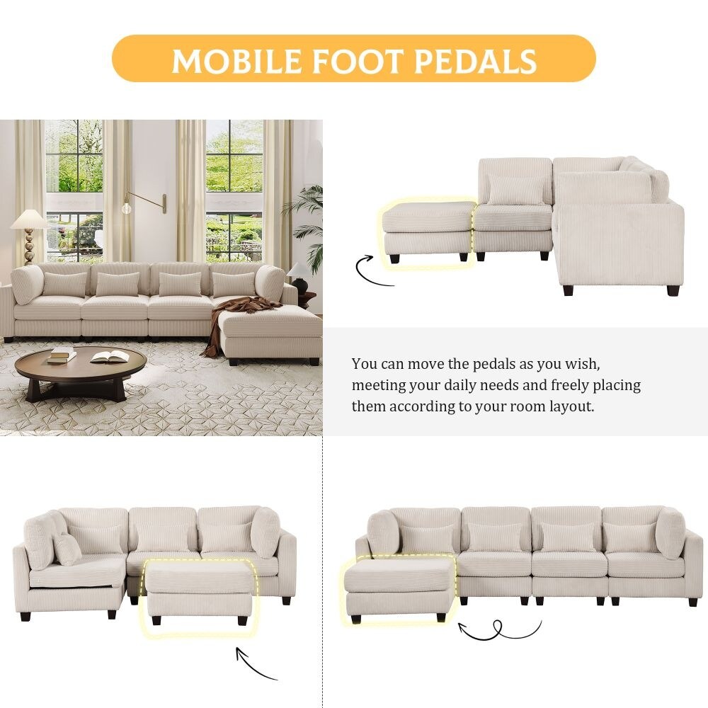 5 Pieces L Shaped Sofa with Removable Ottomans and Comfortable Waist Pillows