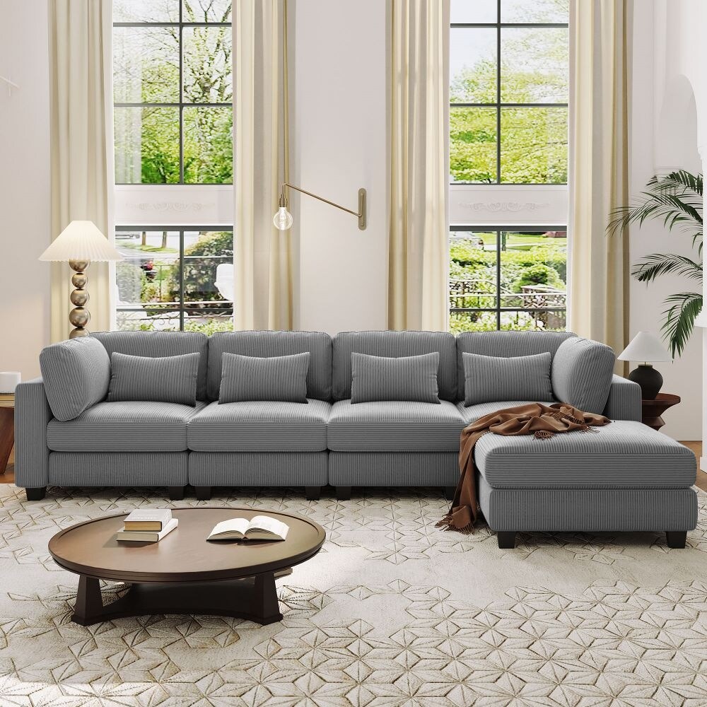 5 Pieces L Shaped Sofa with Removable Ottomans and Comfortable Waist Pillows