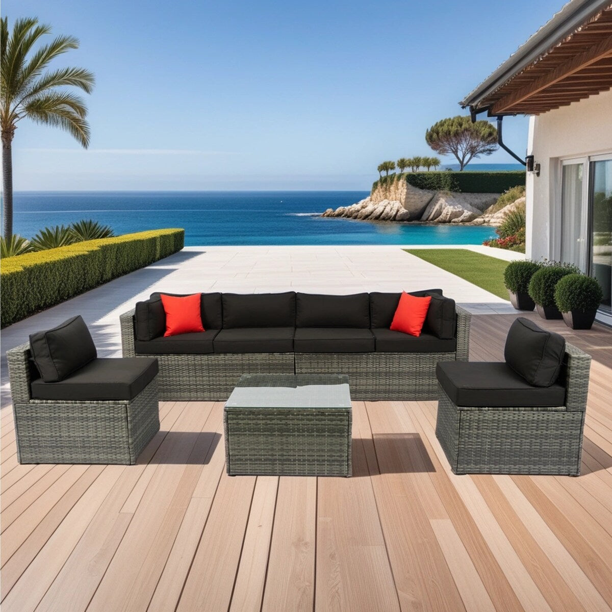 5-Pieces Outdoor PE Rattan Sectional Sofa with Pillow and Cushion