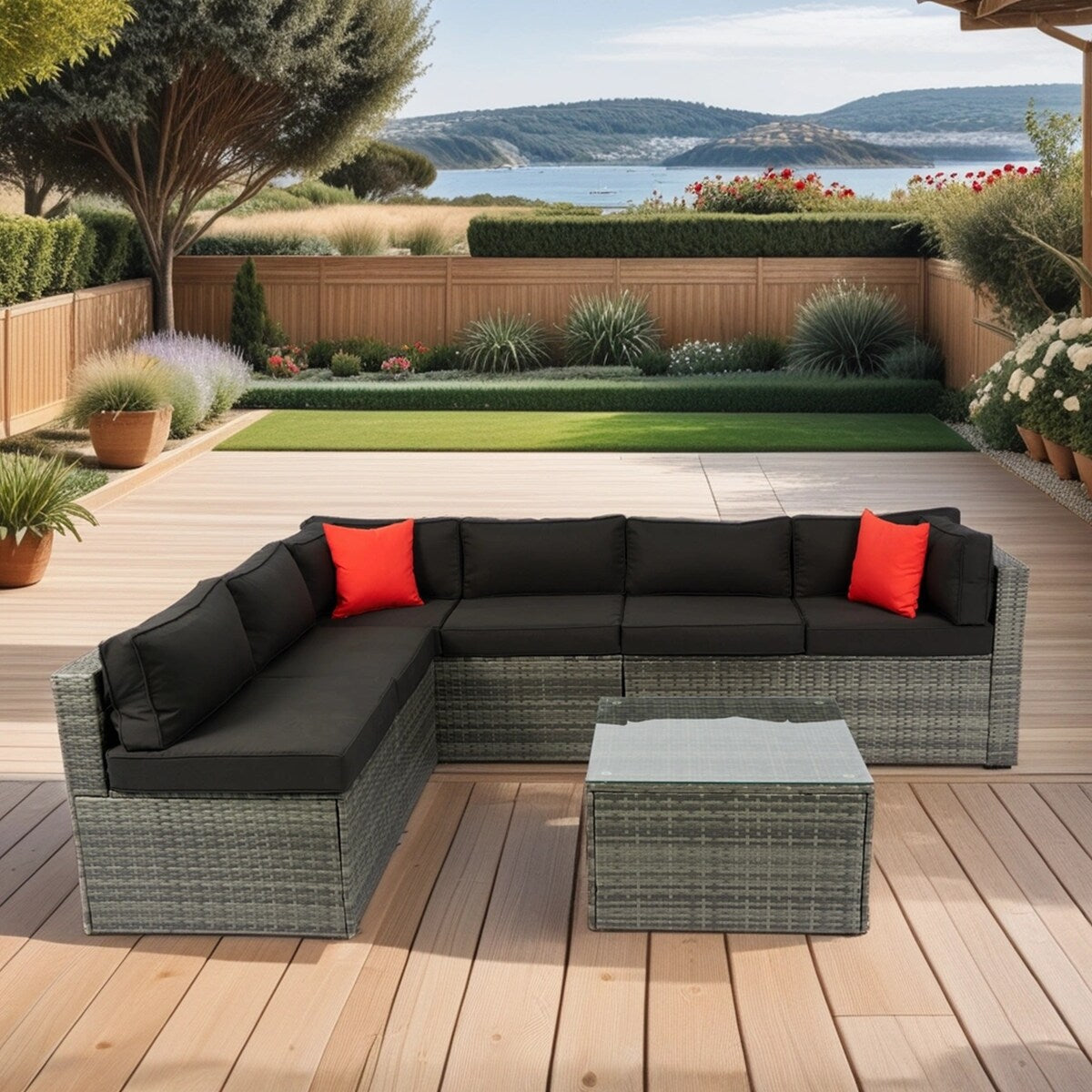 5-Pieces Outdoor PE Rattan Sectional Sofa with Pillow and Cushion