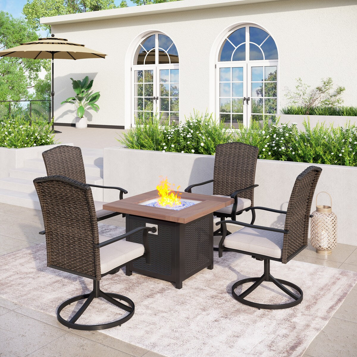 5 Pieces Patio Dining Sets with Fire Pit Table, 4 Rattan Chairs and 1 Progane Firepits Table