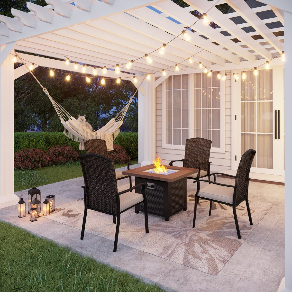 5 Pieces Patio Dining Sets with Fire Pit Table, 4 Rattan Chairs and 1 Progane Firepits Table