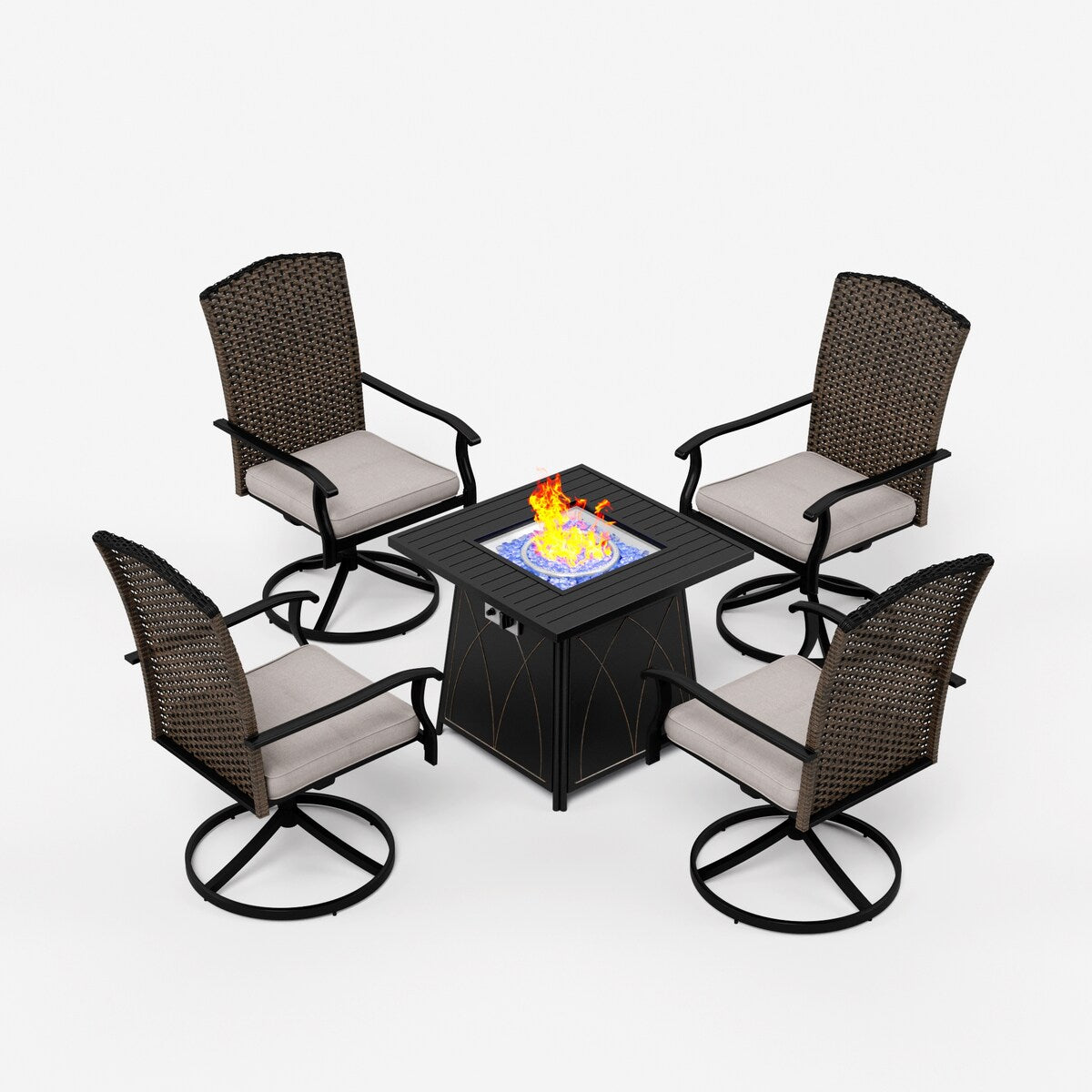 5 Pieces Patio Dining Sets with Fire Pit Table, 4 Rattan Chairs and 1 Progane Firepits Table